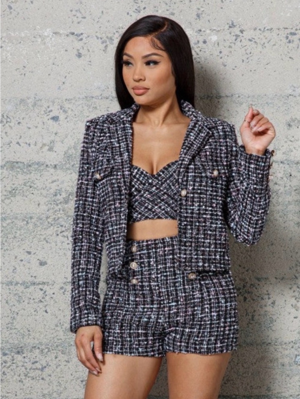 Plaid Tweed Cropped Blazer, Bralette and High-Waist Short Set - Black/White/Pink